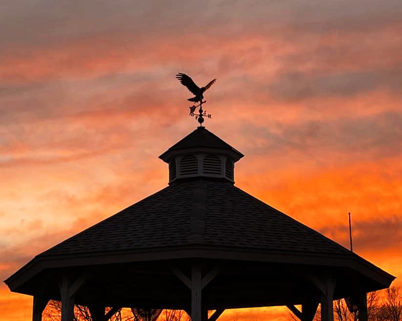 Closeup of the top of the Unity NH Gazebo at sunset