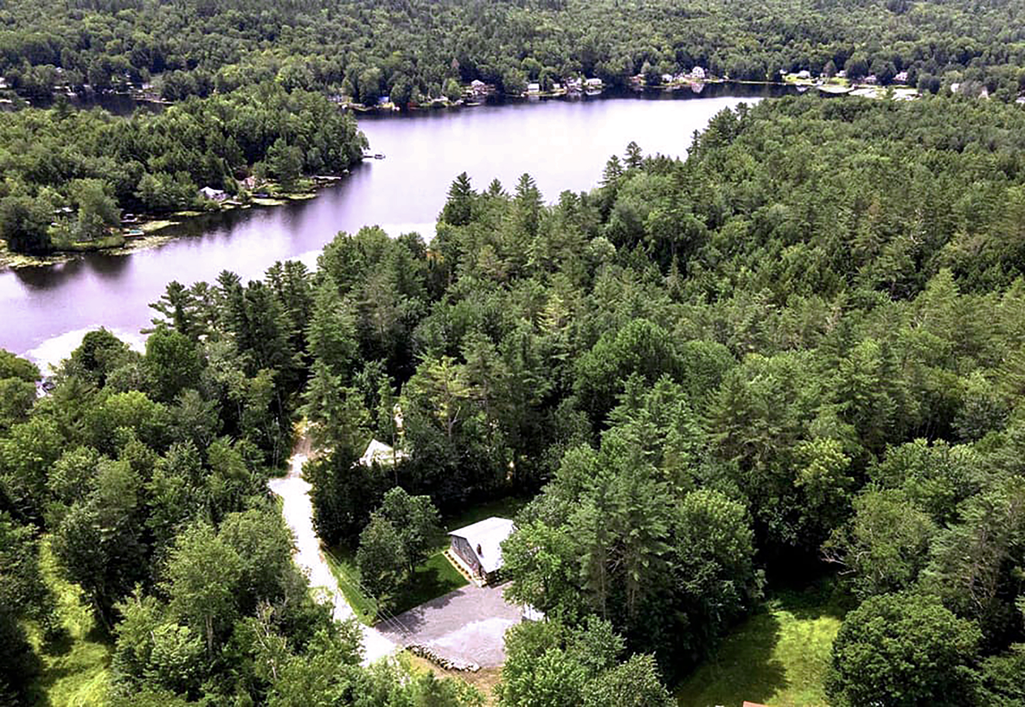 Crescent Lake in Unity NH surrounded by large green trees