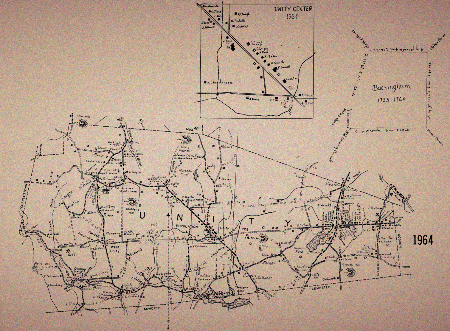 Old Map of the Town of Unity, NH from 1964 with an inset of what the town was called in the past